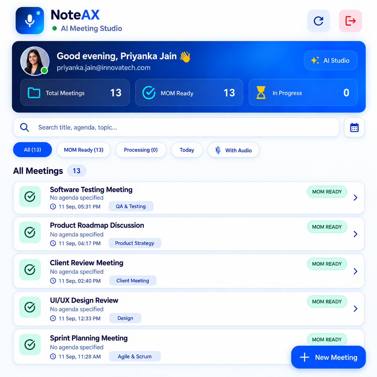 NoteAX Meeting Studio Dashboard